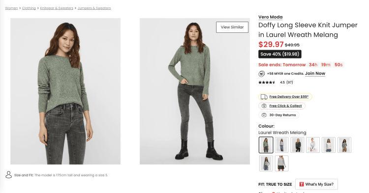 Myer: Vero Moda Doffy Long Sleeve Knit Jumper in Laurel Wreath Melang – 40% Off, $29.97